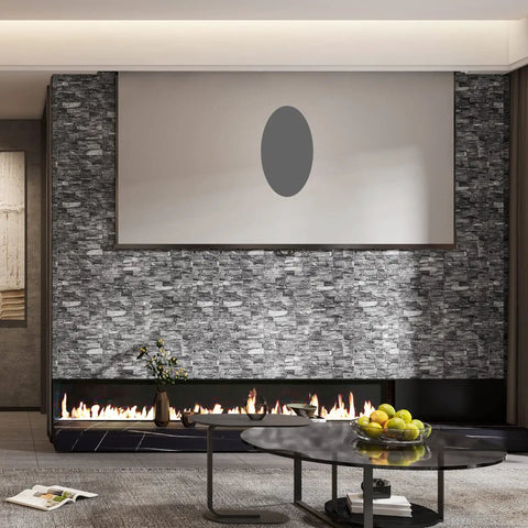 Living room with 20 Pack 3D Wall Panels Peel And Stick Foam Brick Wallpaper Self Adhesive Faux Stone Wall Panels Black