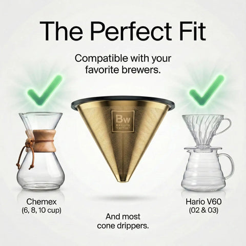 Reusable Stainless Steel Pour Over Coffee Filter for Chemex and Hario V60 Drippers with gold titanium coating centered between Chemex and Hario V60 drippers.