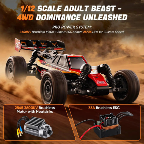 Brushless One Twelfth Scale RC Car For Adults, Dope 42 MPH 4x4 Off Road Buggy With 3S 2200mAh Battery, Waterproof ESC, Red