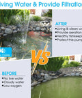 Before and after of outdoor pond with All In One Pond Filter With Pump And Fountain Kit 660GPH 40W showing water clear and aerated.