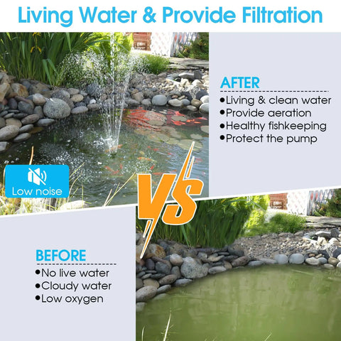 Before and after of outdoor pond with All In One Pond Filter With Pump And Fountain Kit 660GPH 40W showing water clear and aerated.