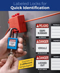 Hands locking panel with keyed lockout padlock from Six Pack Yellow Keyed Alike Lockout Padlocks With Key Retaining Brass Cylinders.