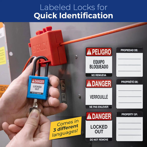 Hands locking panel with keyed lockout padlock from Six Pack Yellow Keyed Alike Lockout Padlocks With Key Retaining Brass Cylinders.