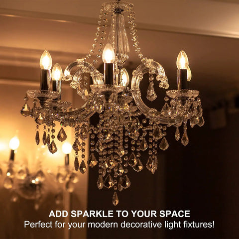 Elegant chandelier with crystal accents and lit LED candle bulbs in a dimly lit room, perfect for modern spaces.