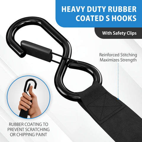 Heavy Duty Auto Retractable Ratchet Straps 4 Pack, 1 Inch Wide By 6 Feet Long, 1500 Lb Break Strength, showing rubber coated S hooks with safety clips.