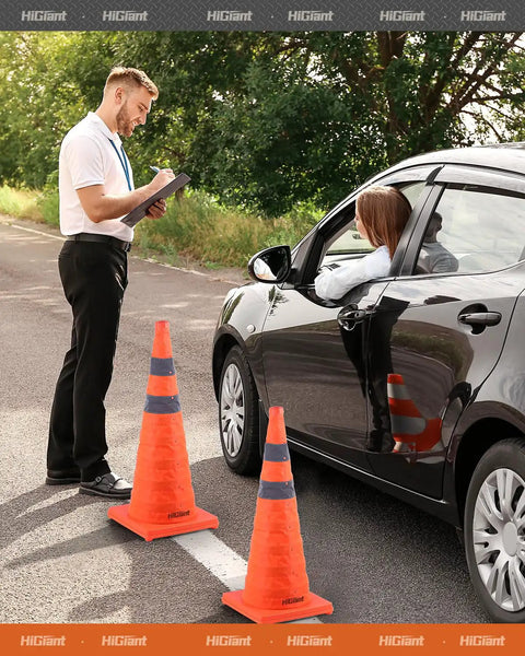 4 Pack Collapsible Traffic Safety Cones 28 Inch Orange Pop Up With Reflective Collar For Road Driving Practice And Parking Lot Use Quick Setup High Visibility Durable Foldable Safety Markers