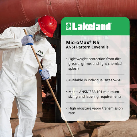 MicroMax NS protective coveralls for dust and liquid, worker in red helmet using broom on site, lightweight with high protection