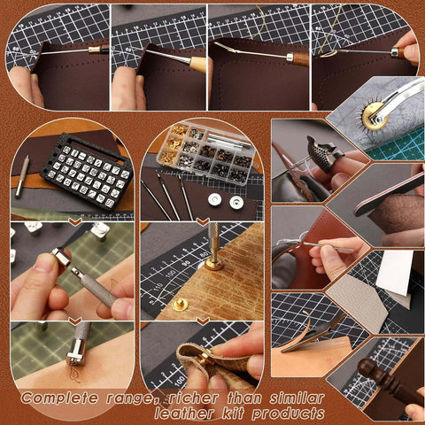 TLKKUE leather tooling kit with cutting mats; tools for engraving, punching, sewing, stamping and sanding