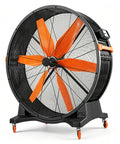 Heavy Duty Mobile Industrial Circulation Fan Featuring Tough As Nails Permanent Magnet Brushless Core And Lockable Rolling Wheels for easy mobility.