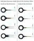 Essential 18-Piece Auto Terminals Removal Tool Kit With Connector Pin Release Key dimensions of double and single pin keys.