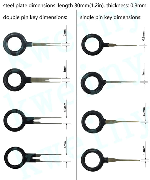 Essential 18-Piece Auto Terminals Removal Tool Kit With Connector Pin Release Key dimensions of double and single pin keys.