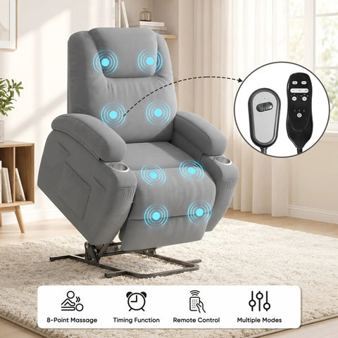 Power Lift Chair Massage Recliner For Seniors With Ergonomic Support Remote Control Built In Cup Holders And Side Pockets Easy Sit To Stand Lift Adjustable Recline Gray showcasing massage points