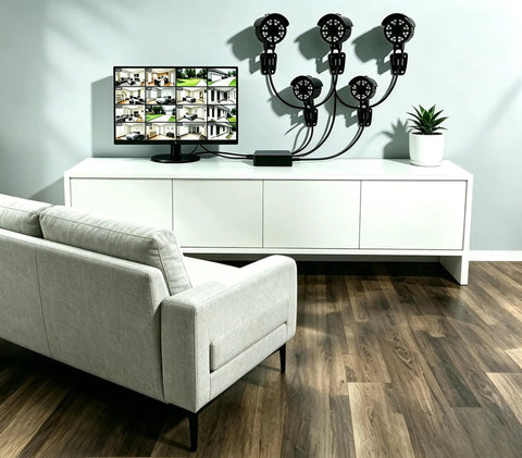 Living room setup with 12V 5A CCTV Power Supply for Security Cameras, Worldwide 100 to 240V AC Input, showing camera feeds on monitor.