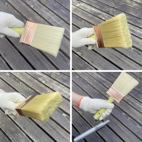 3 Inch Deck Stain Brush 2 Pack For Staining Wood Walls And Fences With Premium Polyester Bristles held over wooden deck