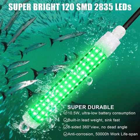 Ultra Bright Underwater Fishing Light 10.5W 1000 Lumens Green 8 Inch Submersible Boat Lamp glowing underwater with fish
