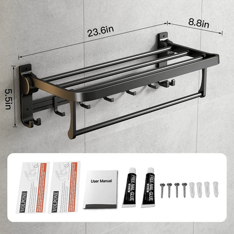 24 Inch Foldable Towel Rack With Movable Hooks And Towel Bar, Space Saving Wall Mount Shelf For Tiny Bathrooms, Rustproof Aluminum, Matte Black Finish with installation hardware