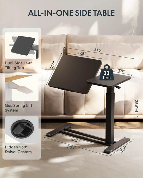 Adjustable Height C Shaped End Table With Split Tilting Top And Gas Spring Lift for Sofa and Bedside, Black, 31.6 Inches Wide