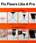 Step-by-step guide to using Extra Strength Floor Repair Adhesive for fixing loose and hollow tiles, with images of syringe tip use.