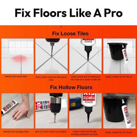 Step-by-step guide to using Extra Strength Floor Repair Adhesive for fixing loose and hollow tiles, with images of syringe tip use.