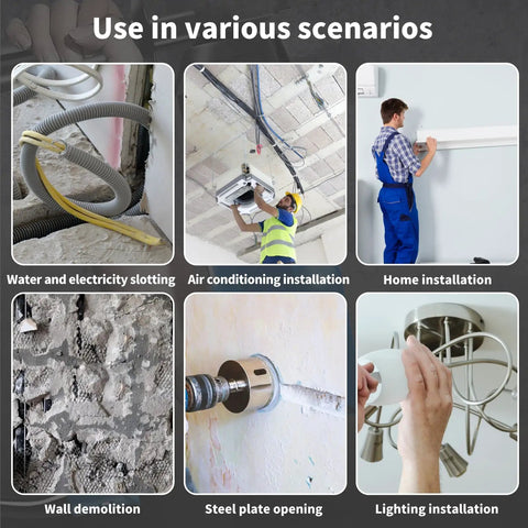 Various uses of Three In One Electric Hammer Drill Kit for home renovation, construction, air conditioning, and lighting installation