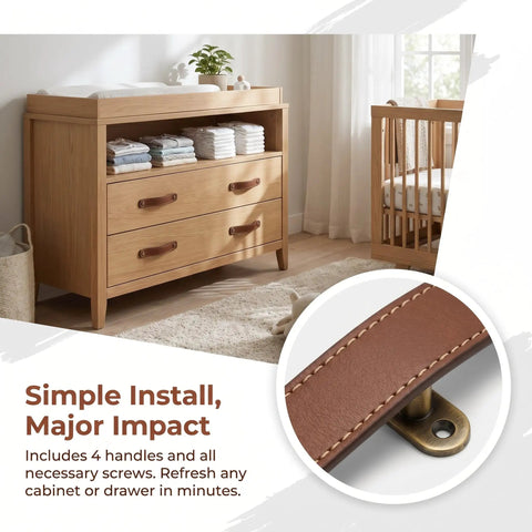 4 Pack Real Leather Cabinet Handles With Screws, brown leather pulls on a wooden dresser in a modern nursery.