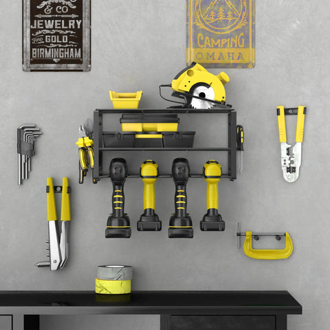 Wall-mounted Power Tool Organizer with drills and tools displayed for garage, heavy-duty metal shelf, space-saving storage solution.
