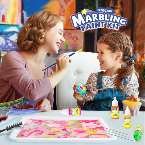 Water Marbling Paint Kit For Kids With 6 Vivid Colors, 16ml Each, Paper Sheets, Needles, Pipette, Spreader, Tray And Manual, A Fun STEM Arts And Crafts Gift For Boys And Girls Ages 3 To 12, Perfect Stocking Stuffers And Birthday Treats, mother and child making marbled art