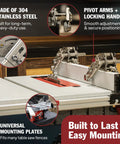 Stainless Steel Table Saw Stock Guides And Anti Kickback Rollers showcasing pivot arms and universal mounting plates.
