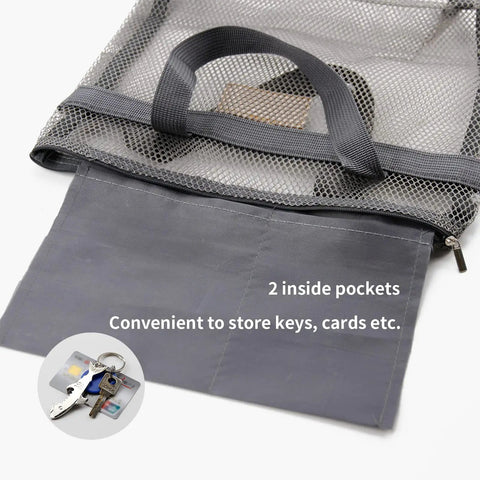 Mesh Shower Caddy Bag Portable Hanging Toiletry Organizer With Zipper showing open gray flap and two inside pockets