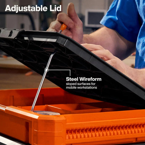 Person adjusting lid of MODbox Tray Work Top Grab And Go Portable Work Surface for Multi Use Workbench with steel wireform support.