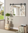 Farmhouse Barn Door Mirror With Rustic Wood Frame 37 By 26 Inches Wall Decor For Dining Room Bathroom Living Room And Bedroom In Rustic White Finish With Cozy Barn Door Vibe