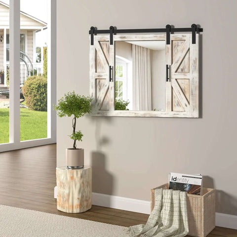 Farmhouse Barn Door Mirror With Rustic Wood Frame 37 By 26 Inches Wall Decor For Dining Room Bathroom Living Room And Bedroom In Rustic White Finish With Cozy Barn Door Vibe