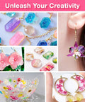Jewelry made with All In One UV Resin Kit With Light And Molds 300g Crystal Clear Hard UV Curing Premixed Resin, including earrings and keychains.
