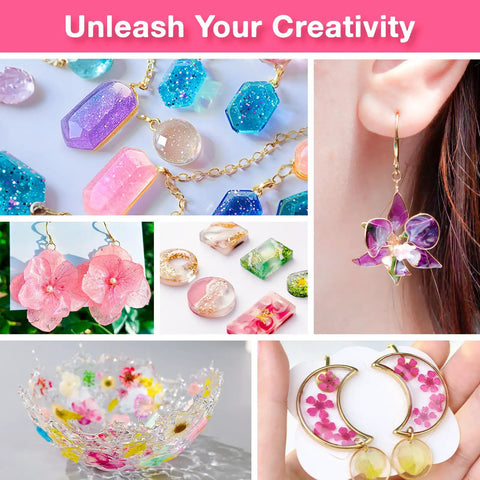Jewelry made with All In One UV Resin Kit With Light And Molds 300g Crystal Clear Hard UV Curing Premixed Resin, including earrings and keychains.