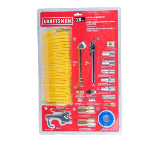 20 Piece Air Compressor Accessory Kit With Recoil Hose, Tire Inflator, Blow Gun, Brass Quick Connect Fittings and more displayed in packaging