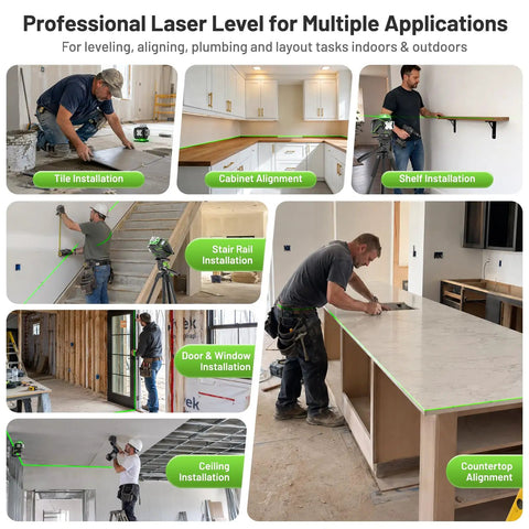 360 Degree Self Leveling Laser Level With 4D Cross Line Laser 4x360 Green Cross Lines LCD Screen Bluetooth Outdoor Pulse Remote Rechargeable Pro Grade 16 Line Layout Tool For Construction Tile Floor Installations used for tile, cabinets, shelves, stairs, doors, ceilings and countertops