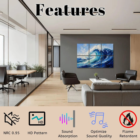 Total Vibe Upgrade With These Peel And Stick Acoustic Panels 6 Pack Sound Absorbing Ocean Wave Wall Pads Noise Dampening Foam Totally Kills Echo For Home Recording Studio with wave art in modern office.