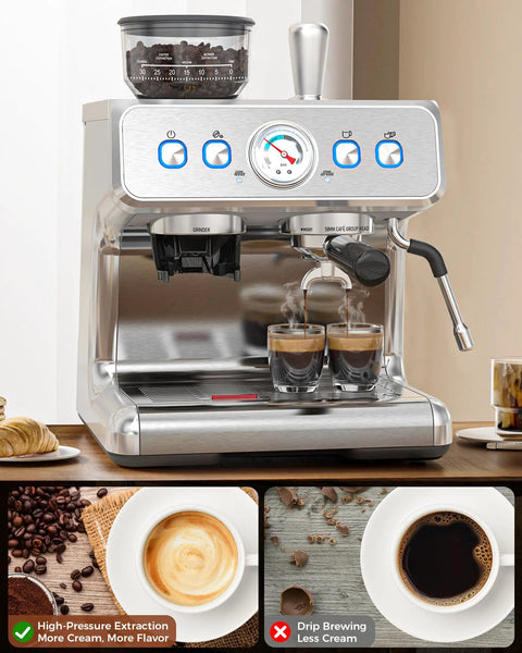 20 Bar Espresso Machine With Built In Grinder And Milk Frother Steam Wand, 58mm Portafilter Stainless Steel Coffee Maker