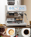 Game Changing 20 Bar Espresso Coffee Maker With Integrated Conical Burr Grinder And Automatic Milk Frother brewing espresso shots on a counter.