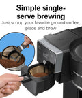Side view of Two Way Programmable Drip Coffee Maker For Hot And Iced Brews With Single Serve Option showing single-serve filter.
