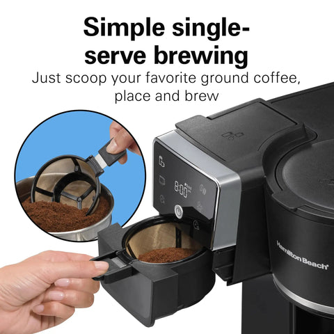 Side view of Two Way Programmable Drip Coffee Maker For Hot And Iced Brews With Single Serve Option showing single-serve filter.