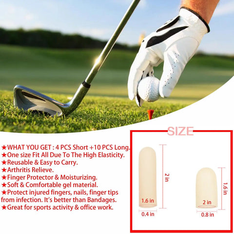 Golfer wearing Gel Finger Cots 14 Piece Set Soft Gel Finger Sleeves For Trigger Finger, with size chart for long and short cots.