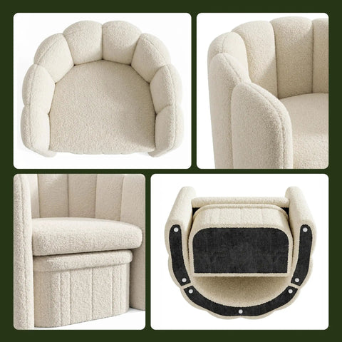 Super Snug White Barrel Accent Chair With Storage Ottoman In Thick Teddy Boucle Fleece Plush Lounge, top view of plush seating.