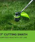 17 inch cutting swath of Heavy Duty 40V Cordless String Trimmer With Brushless Motor Variable Speed, bump-feed head with .105 inch line.