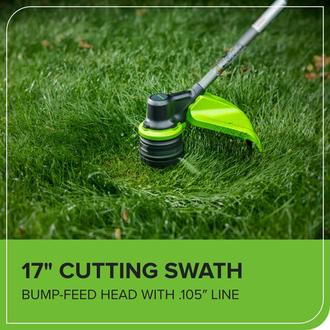 17 inch cutting swath of Heavy Duty 40V Cordless String Trimmer With Brushless Motor Variable Speed, bump-feed head with .105 inch line.