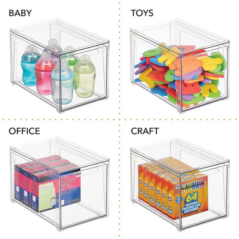 Stackable Closet Storage Bins With Pull Out Drawers Clear Plastic Shoes And Small Item Organizer With bottles, toys, office and craft items.
