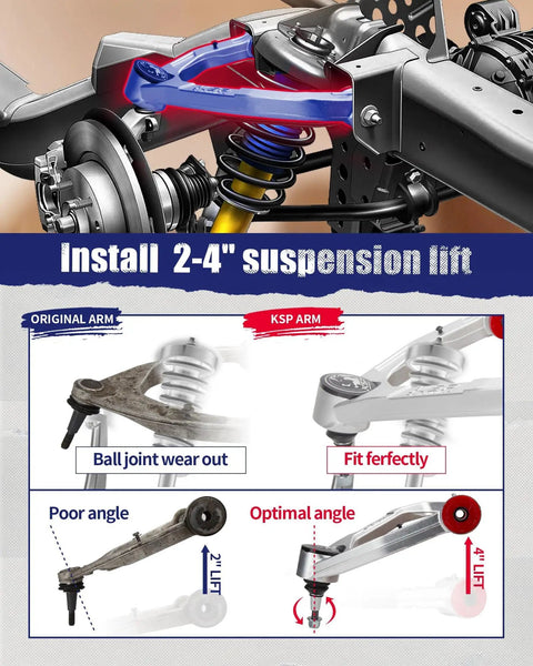 Beefed-Up Forged Upper Control Arm For Silverado Sierra 1500 2007-2018 2-Piece 2-4 Inch Adjustable Front Aluminum Control Arm With Greasable Ball Joint One-Piece Aftermarket UCA For Chevy GMC Trucks installed on lifted front suspension