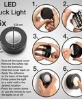 Six-step installation guide for Under Cabinet Lighting Kit with 6 Wireless Remote Dimmable LED Puck Lights in Black.