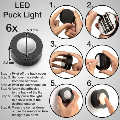 Six-step installation guide for Under Cabinet Lighting Kit with 6 Wireless Remote Dimmable LED Puck Lights in Black.