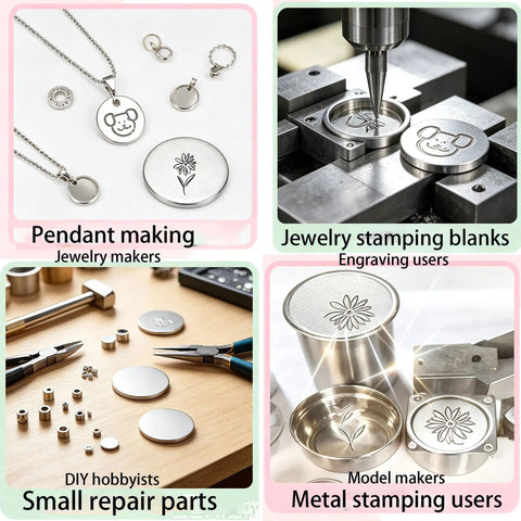 304 Stainless Steel Disc Blanks For DIY Jewelry Making And Metal Craft Projects shown as pendants and engraving samples